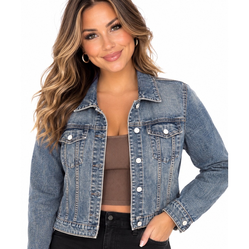 VTG Gap Cropped Trucker Jacket Womens XL L Stretch Faded Cotton Denim Coat Y2k